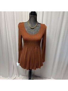 American Eagle Womens Smocked Top Size Medium Brown Long Sleeve Boho Peasant
